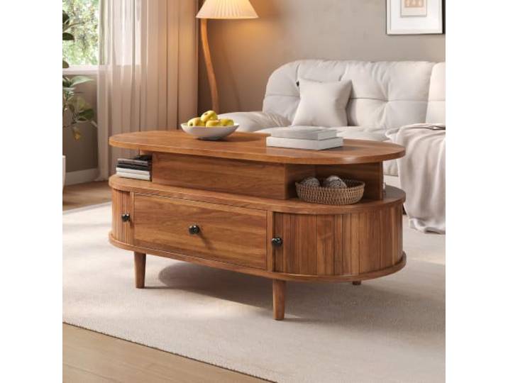 Ovaler Couchtisch mit Hubplatte, MDF, zentraler hydraulischer Hubtisch,versteckter Stauraum, Zwei offene Ablagen, große Schublade + Zwei Schiebetüren, runde Griffe, konische Gummibaumholz-Beine, Mult
