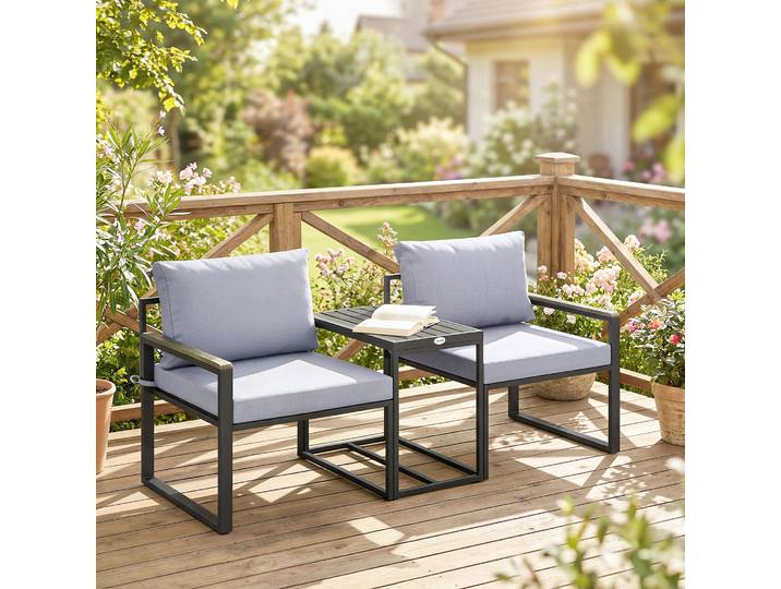 Outsunny Mobilier Balcon 3P 2 Fauteuils Table Coussins Gris