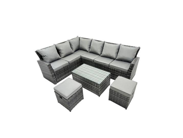 Fimous Garten-Ecksofagarnitur mit Couchtisch Polyrattan Dunkelgrau 8-Sitzer, Metall, Kunststoff, Glas, Füllung: Schaumstoff,Schaumstoff, rechteckig, Gartenmöbel, Gartengarnituren, Gartenmöbel-Sets