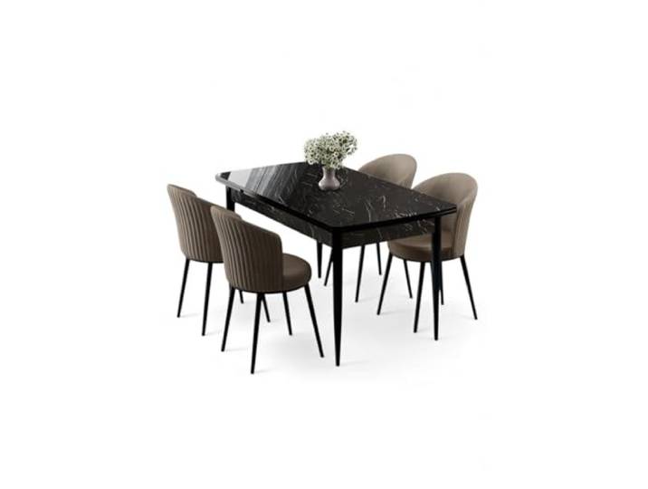 Hanah Home Extendable Dining Table & Chairs Set (5 Pieces), Black Marble & Cappuccino, 130-174 cm 100% MDF, Metal Legs, Modern Design for Stylish Dining