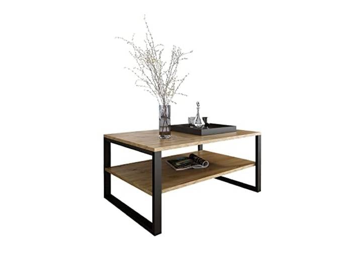 Design Möbel Beistelltisch Couchtisch Rechteckig Wohnzimmertisch Kaffeetisch Modern Sofatisch Tischplatte Tisch mit unterer Ablage Beine aus Metall Industrieller Stil Basic (Eiche Eternal)