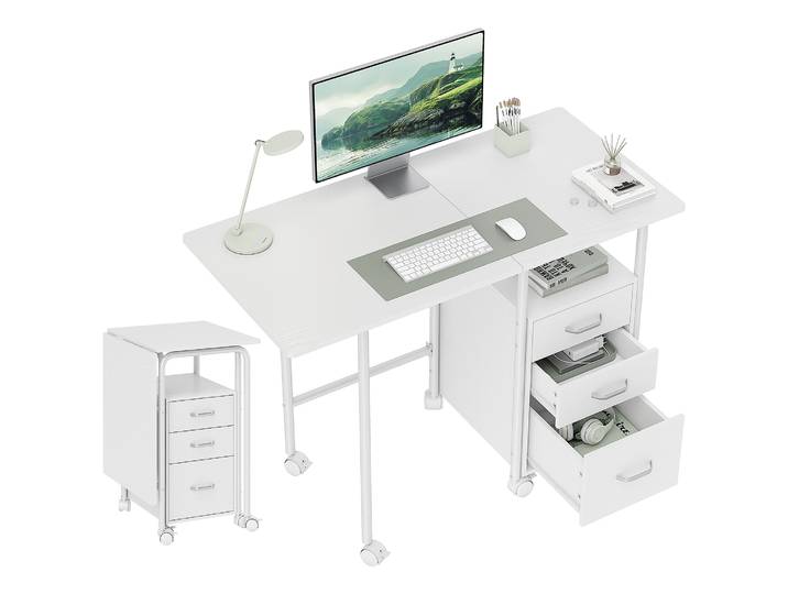 Bureau d'ordinateur pliable sur roulettes, bureau avec rangement, 3 tiroirs, plateau extensible, 105x51x75,5cm, blanc