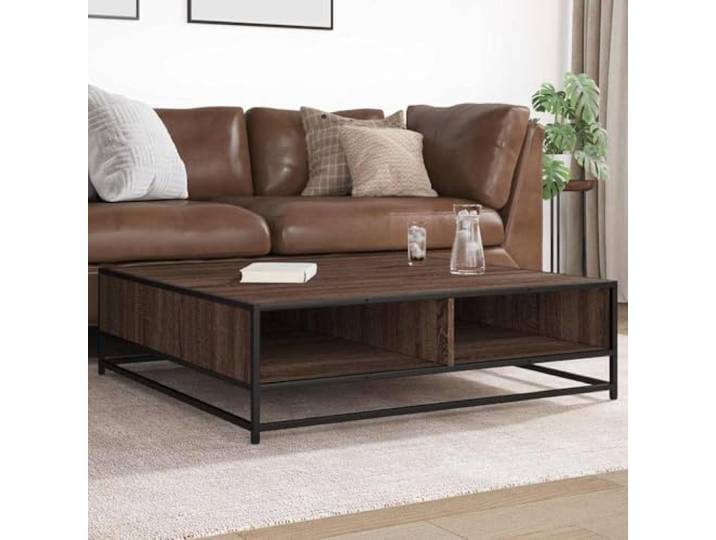 HEFZGDB Couchtisch Braun Eichen-Optik 100x100x30cm Holzwerkstoff Metall Beistelltisch mit Stauraum Industriedesign