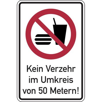 Verbotsschild, Kombischild, Kein Verzehr im Umkreis von 50 Metern!, Aluminium - 300 x 400 x 2 mm Aluverbund