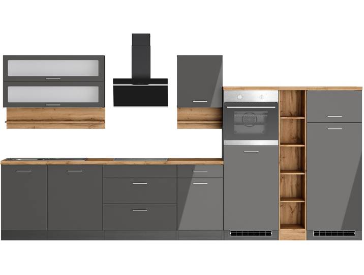 Küchenzeile, Spanplatte, Grau Hochglanz, 390×200×60 cm, Mit E-Geräten, Modern, Kochstation