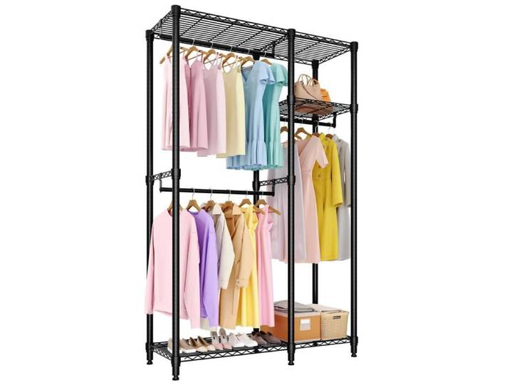 Portant à vêtements modulable - LUNSY - Réglable avec étagères et barres de suspension - Structure métallique robuste