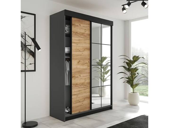 KIER FURNITURE Schiebegarderobe LAMARO mit Spiegel - Schrank Schlafzimmer - Schlafzimmerschrank - Wardrobe Bedroom - Kleiderschränke - Kleiderschrank - 138x205x59 - Graphit & Eiche Handwerk Gold