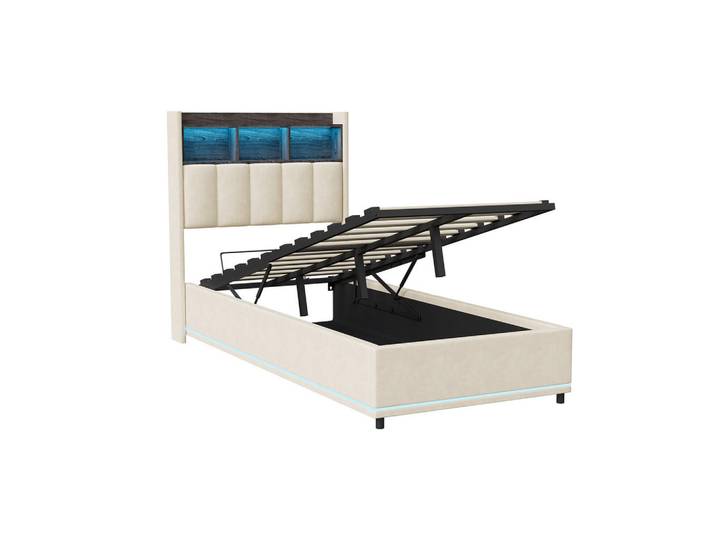 Shopentra Gasdruck-Einzelbett 90x200 cm, Led, Kopfablage, Stauraum, Weiß, Metall, Schlafzimmer, Betten