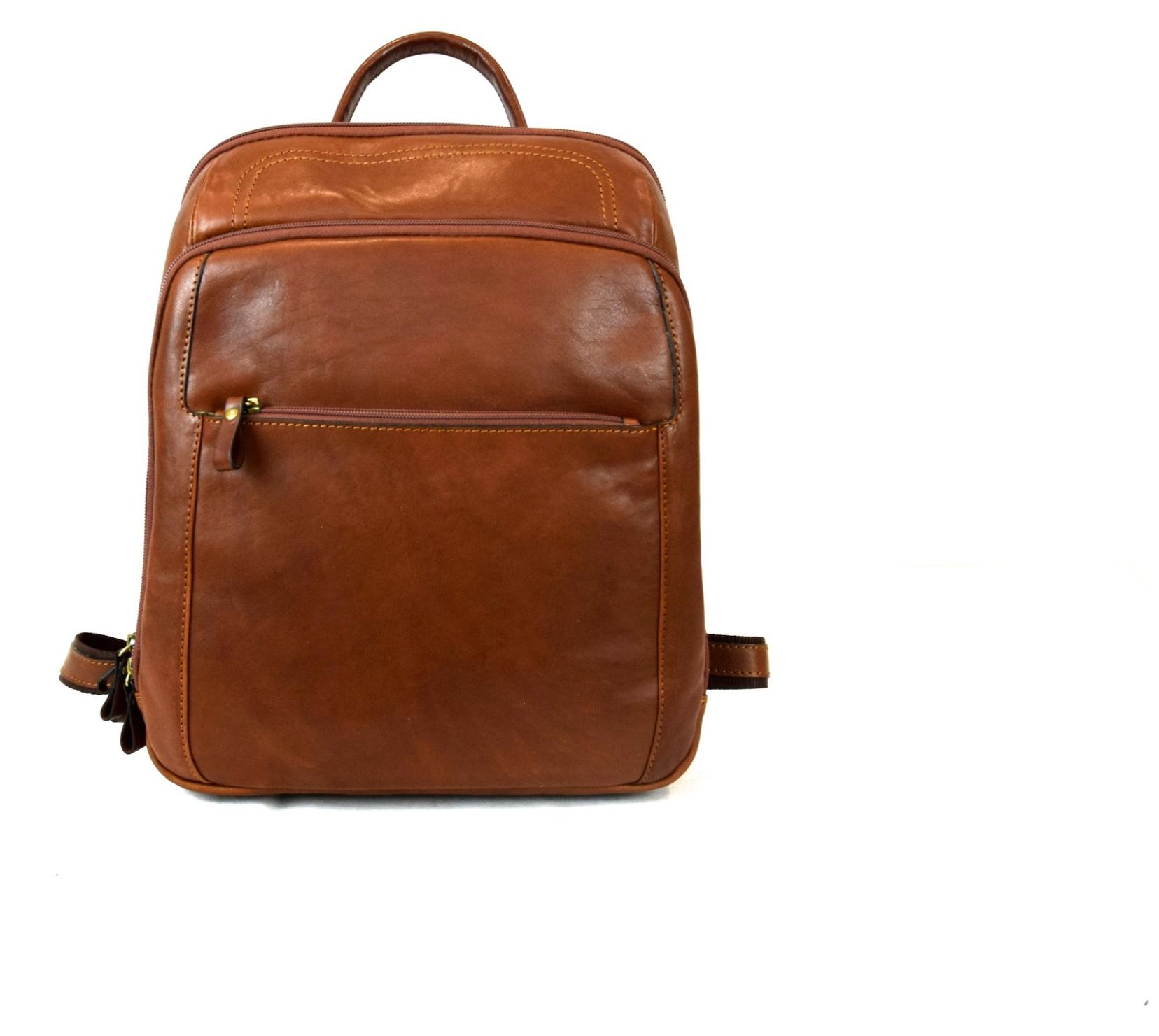 Gussaci - Uni Rucksack aus brauner Lederoptik - Laptopfach 31x10x36 cm - Fronttaschen mit Reißverschluss
