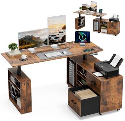 Kodotan sofa "63"" L-Shaped Electric Standing Desk with Drawers, Power Outlet & Storage, Height Adjustable Corner Desk with Monitor"