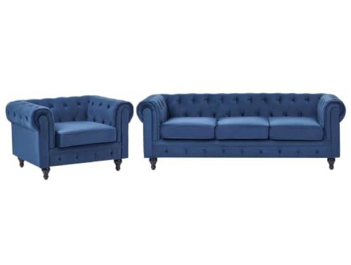 Klassisches Set Sofa Sessel Samtstoff Chesterfield Stil blau Chesterfield