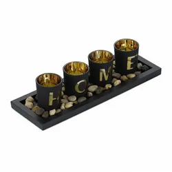 Relaxdays Teelichthalter Set mit Tablett & Steinen, 33 cm, Tischdeko Wohnzimmer, Esszimmer, Teelichtgläser Home, schwarz