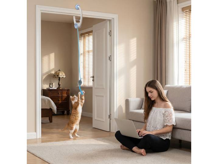 PawHut Jouet Chat Souris Sautante USB Suspendue Porte Blanc