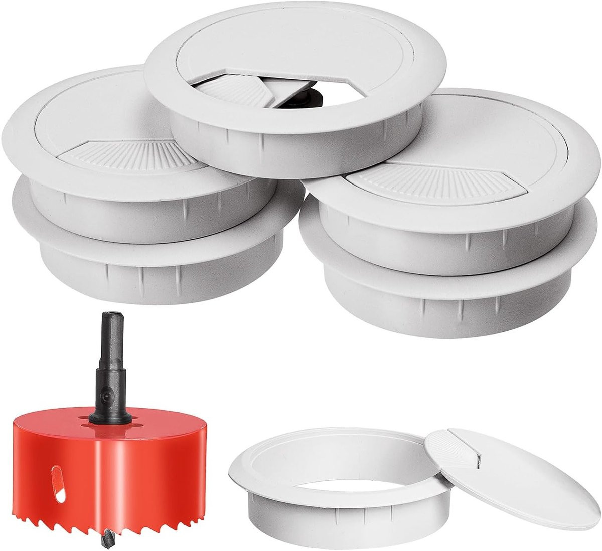 6 Stuks Witte Desk Cable Grommet met 60mm Hole Saw voor Netjes Kabelbeheer op je Bureau