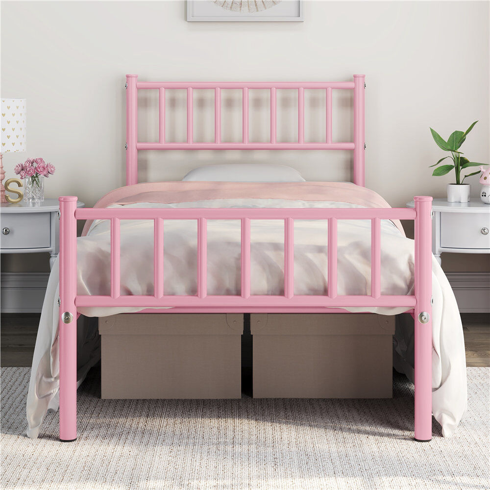 Yaheetech Minimalist Metal Bed Frame with Slatted Headboard Pink Single (3')