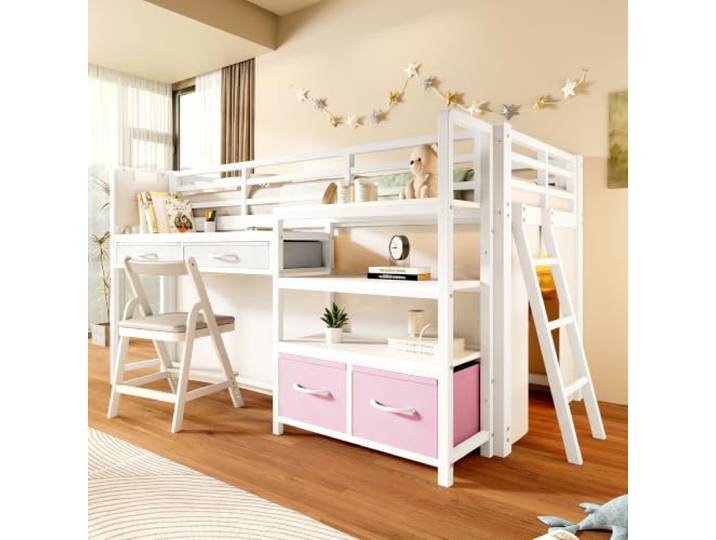 Metallbett Hochbett 90x200 mit LED-Licht & Schreibtisch & Vorhang, Weiß Multifunktionales Kinderbett Jugendbett mit LED-Beleuchtung, Schreibtisch, Stoffschubladen, Vorhang und Regal, Ohne Matratze