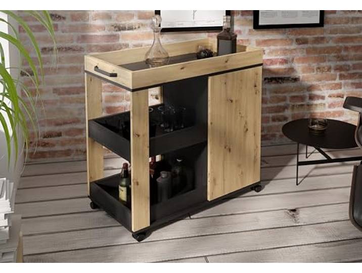 Forte Home BAR Barschrank 70 80, Schrank mit Rollen und 2 Türen, Barmöbel, Wohnzimmerbar, Barzimmer, Holzwerkstoff, Artisan Eiche/Schwarzeiche Holzdekor, 77 cm breit x 88,2 cm hoch x 42 cm tief