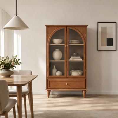Fundinbaths Vintage Farmhouse Arched Glass Display Cabinet with Drawer, Adjustable Shelves and Wood Legs