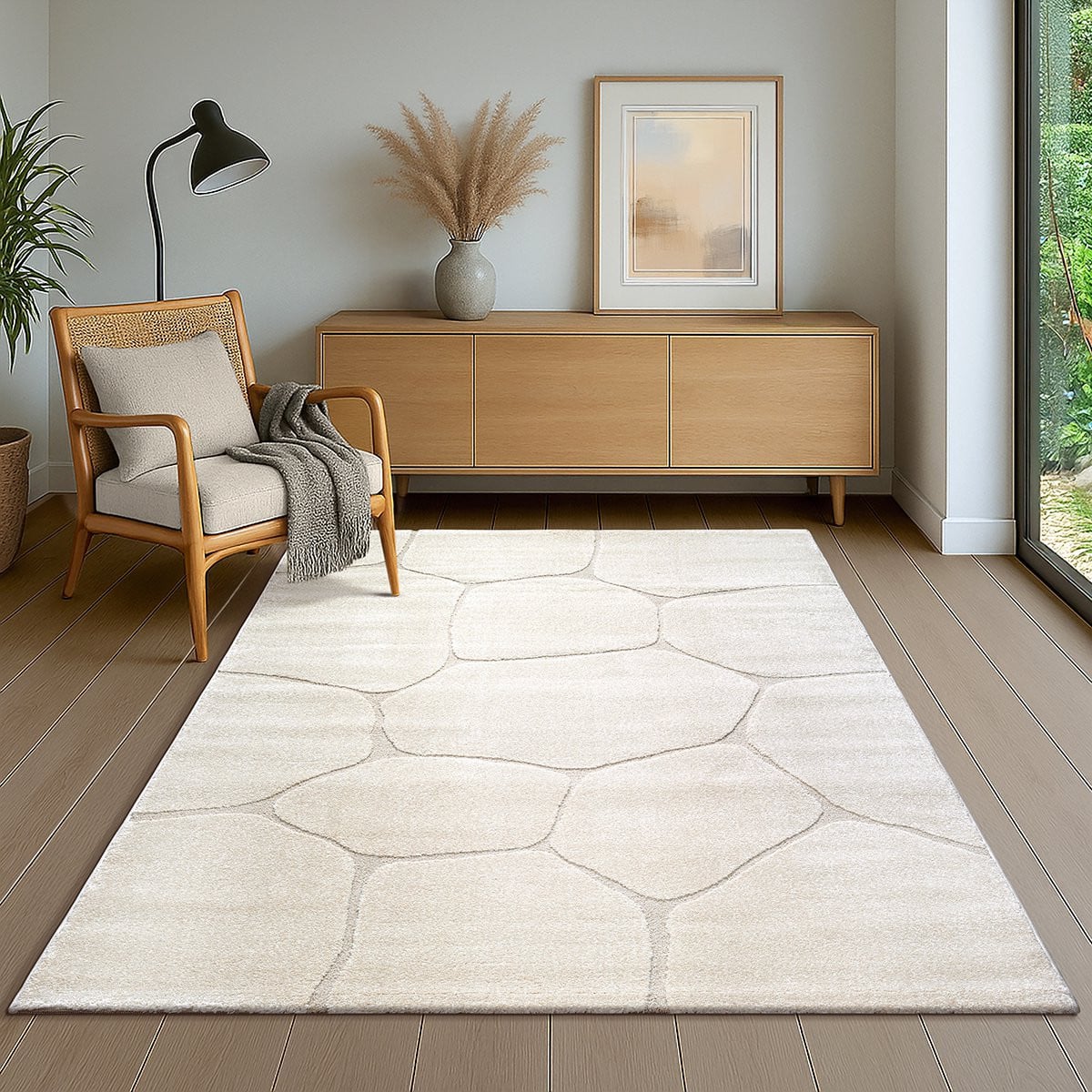 The Carpet Everest Vloerkleed met 3D-effect en hoog-laag effect, steenlook, crème, 80 x 150 cm