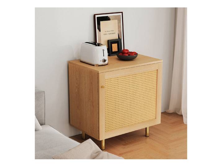 MODFU Sideboard Rustikales Anrichte aus Korbgeflecht (Eintüriger Nachttisch und Aufbewahrungsschrank in Naturholzoptik, H63/B60/T40 cm)