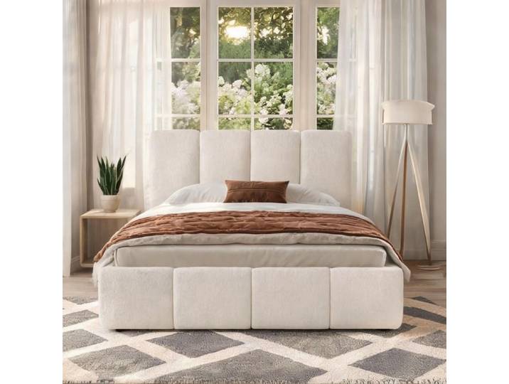 Grand lit design 180x200 cm en bouclette beige chaleureuse tête capitonnée avec sommier