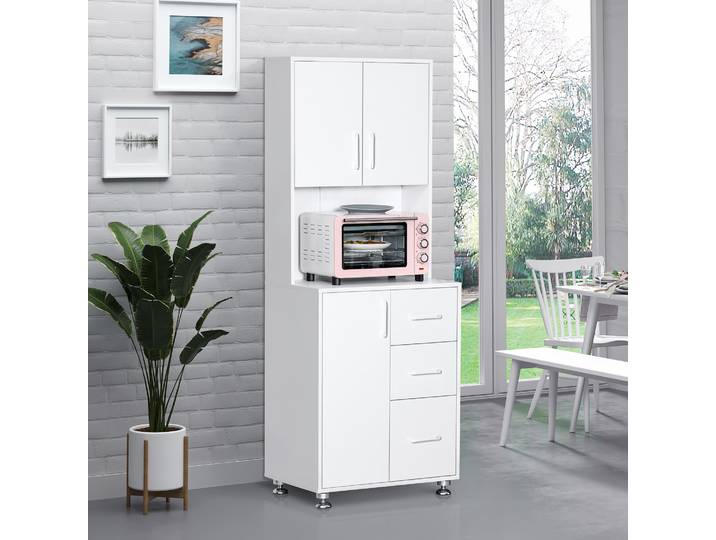 HOMCOM Buffet Haut Cuisine 3 Portes 3 Tiroirs 60x40x160cm Blanc