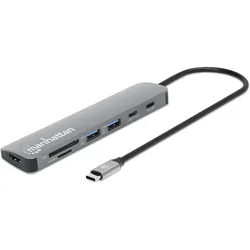 Manhattan USB-C PD auf HDMI 7-in-1 4K Dockingstation / Multiport Hub (USB-C, 7 Ports), Dockingstation + USB Hub, Grau