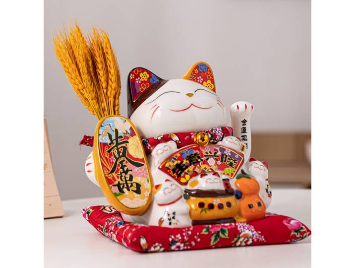 Figurine de chat porte-bonheur en céramique, statue de Maneki Neko en porcelaine, chat faisant signe, agitant la main, fleurs séchées de bureau, ornement de vase, 9