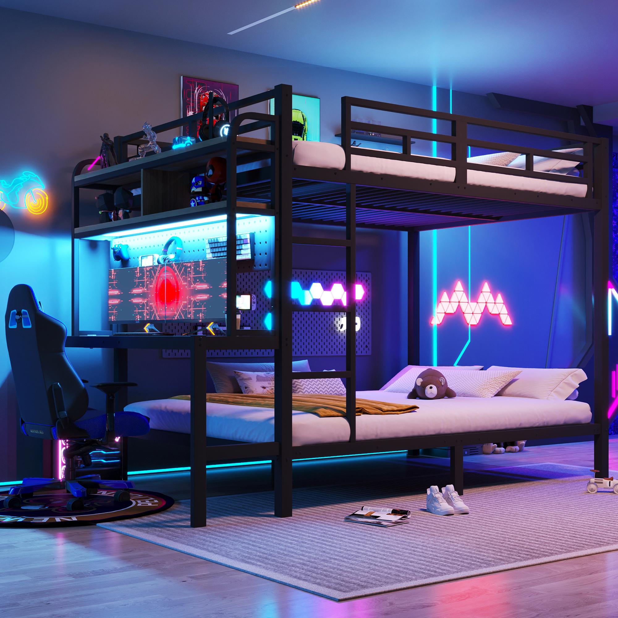 Hochbett 140 x 200 cm mit Schreibtisch, Ablagefächern, LED-Lichtleiste und USB-Anschluss, Sicherheitsgeländer & Leiter, Schwarz