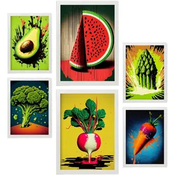 POSTER Set Mit 6 Ausgewogene Ernährung Vollfarbige Plakate Von Obst, Gemüse Und Gesunden Lebensmitteln Im Urban Art Stil A3 & A4 Weißer Rahmen