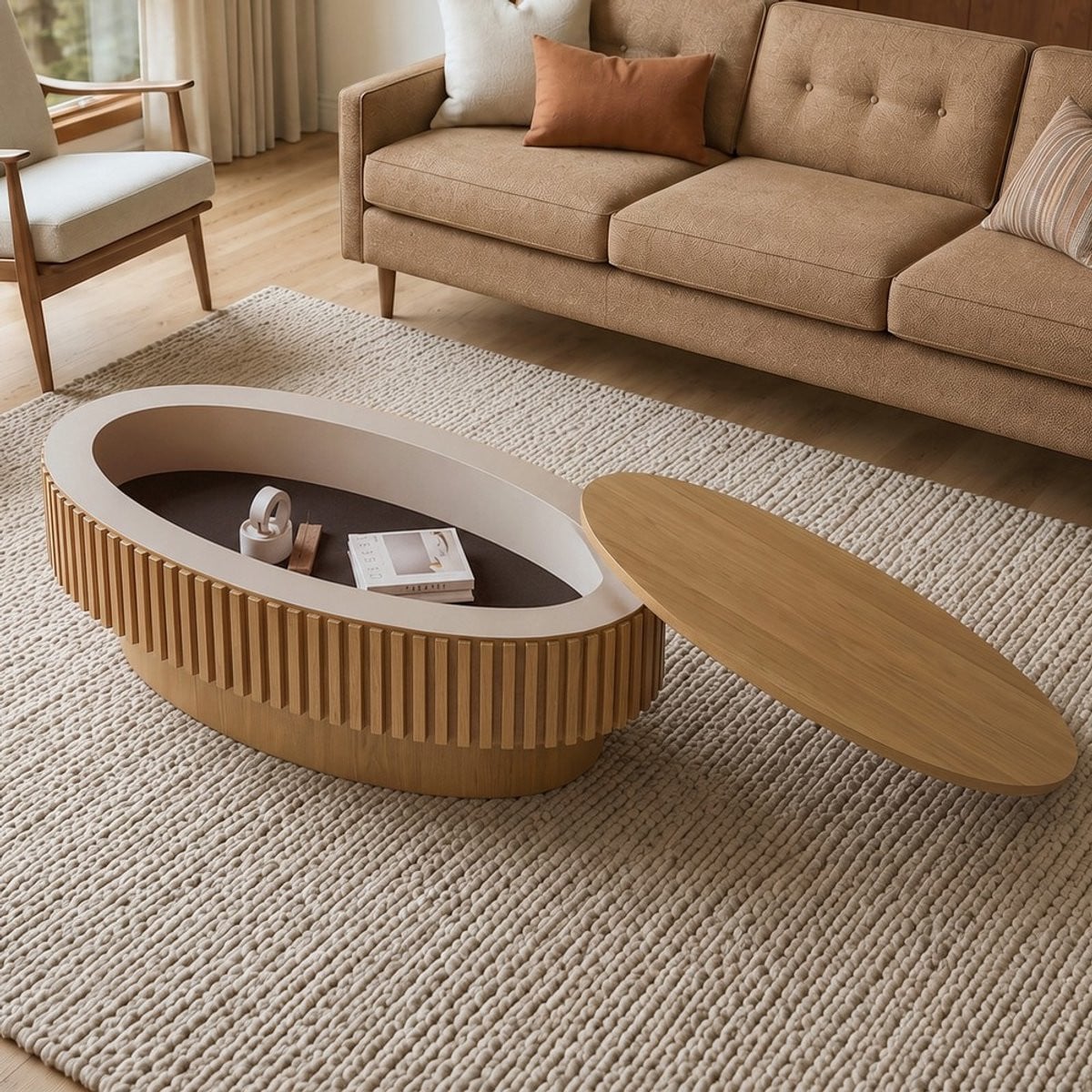 KOMHTOM Ovale geribbelde salontafel met verborgen opbergruimte, moderne cocktailtafel van massief houten fineer, naturel hout, Breedte: 98 cm
