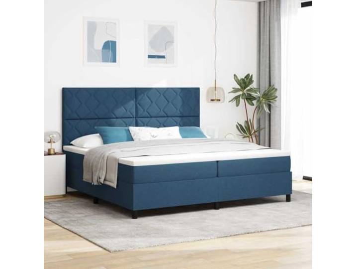 RJPLMFV Boxspringbett, Blau, 200 x 200 cm, Stoff Mittelfeste Matratze, Taschenfedern, verstellbares Kopfteil, Spanplatte und massives Kiefernholz