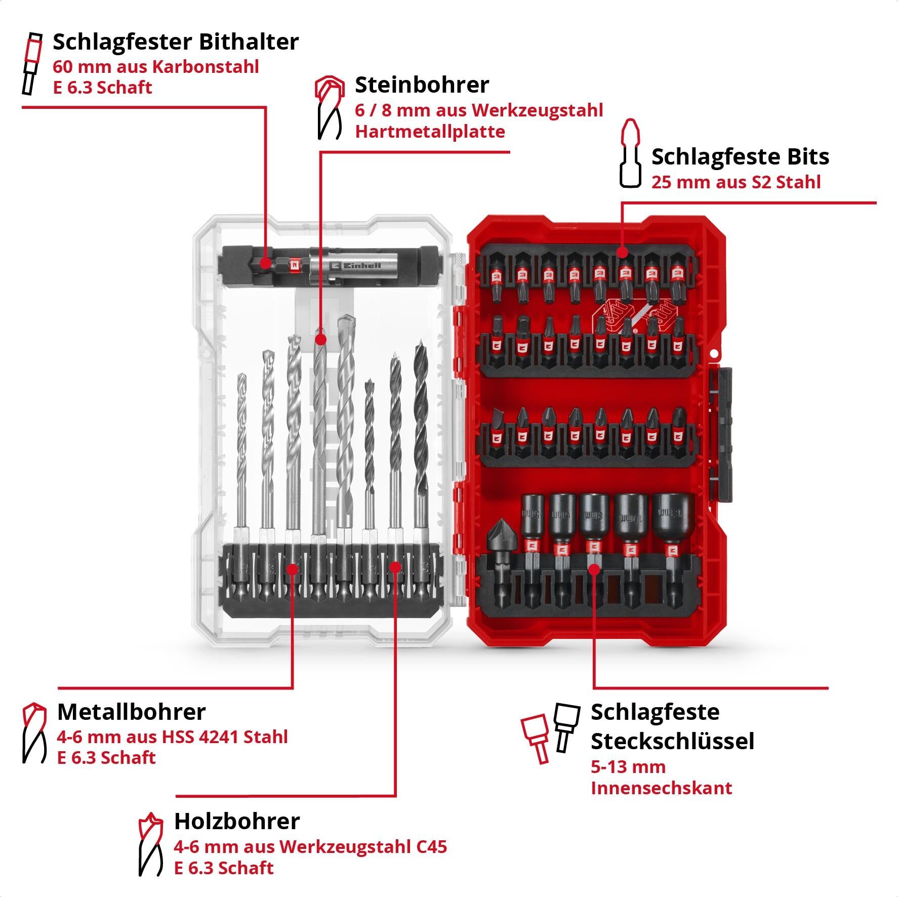 Bit-Set EINHELL "M-CASE Kassette Mix 39tlg LS", rot (bunt), Bits, Bit-Set bunt Einheitsgröße