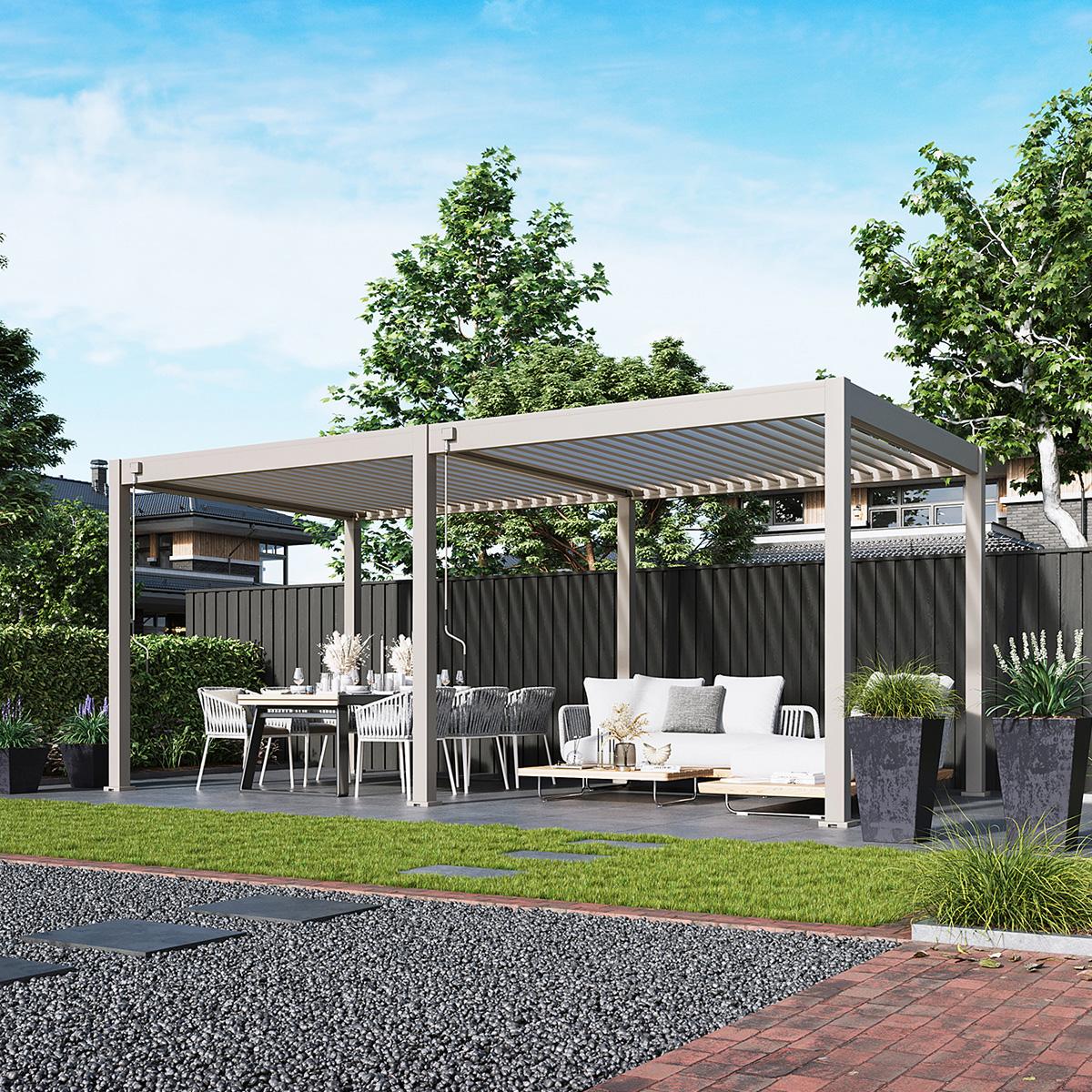 Weide Deluxe Pergola Voll-Aluminium 3x6m mit Lamellendach freistehend Ivory Sand
