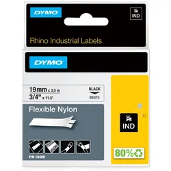 DYMO Rhino Industrie Nylonetiketten | flexibel | 19 mm x 3,5 m | schwarze Schrift auf weißem Untergrund | selbstklebendes Schriftband