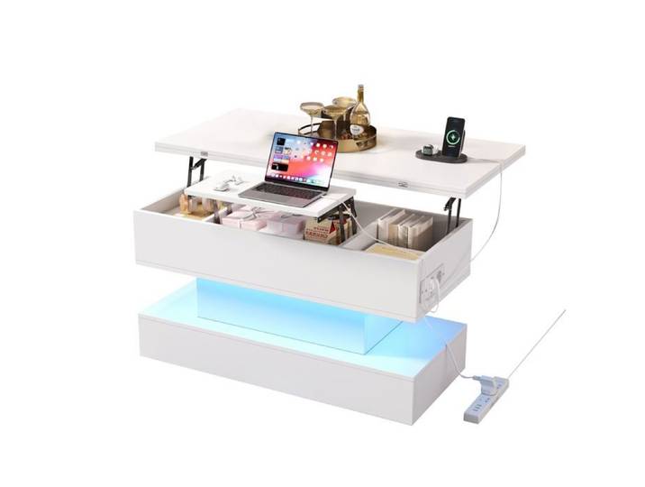 Table basse relevable LED USB-C USB blanc 100x50 cm
