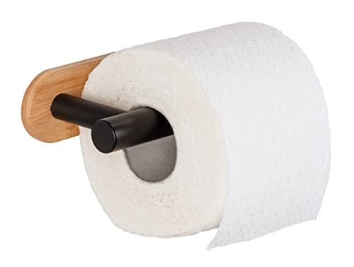 WENKO Turbo-Loc Orea Bamboo toiletpapierhouder, zwart mat roestvrij staal en bamboe, zelfklevend, 16 x 4,5 x 8 cm