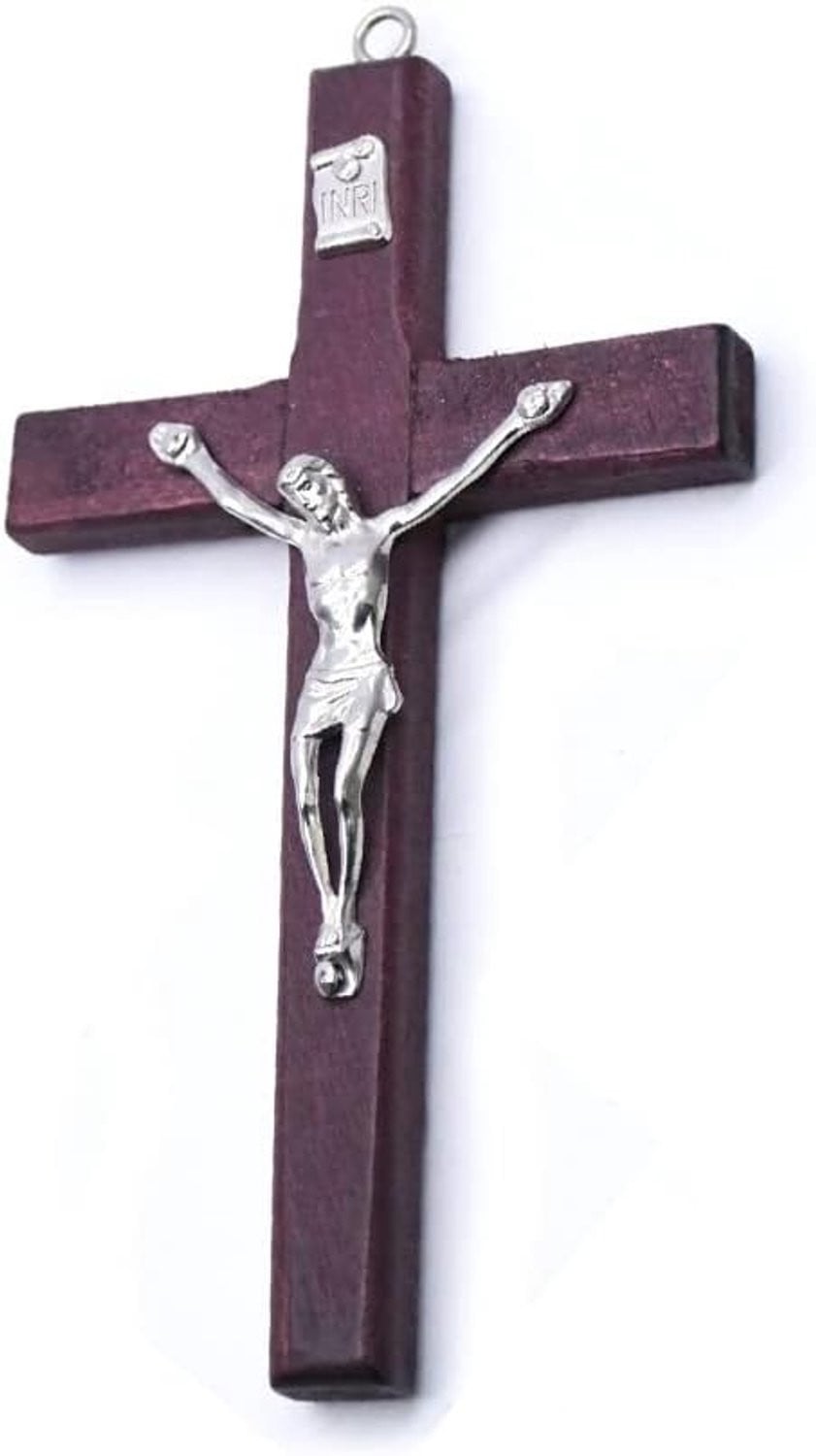 Vintage Houten Kruis met Christelijk Hangertje en Beeld van Jezus Christus voor Wanddecoratie