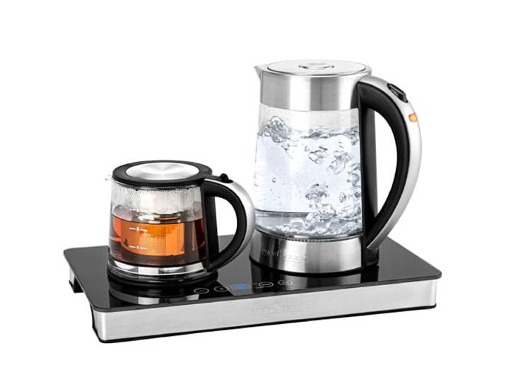 ProfiCook thee- en koffiestation 2in1 1,7 liter waterkoker 0,8 liter glazen theepot warmhoudfunctie temperatuurinstelling sensor touch bedieningspaneel PC-TKS 1056