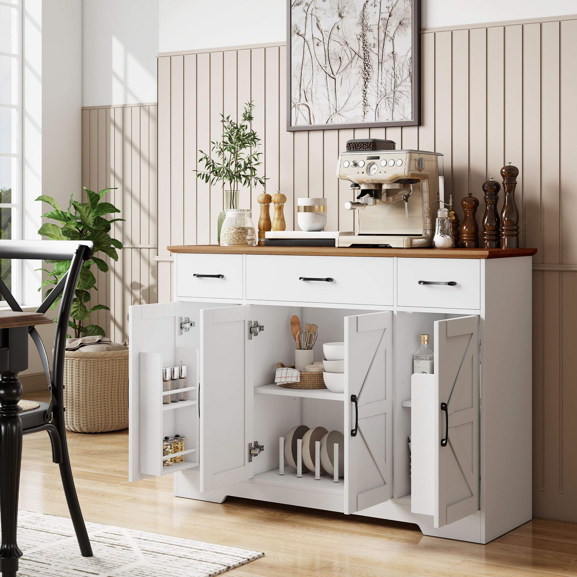 giordanoshop Credenza da Cucina Stile Rustico 120x38x87 cm con Ante Soft-Close 3 Cassetti 3 Ripiani Regolabili Portaspezie in MDF Bianco...