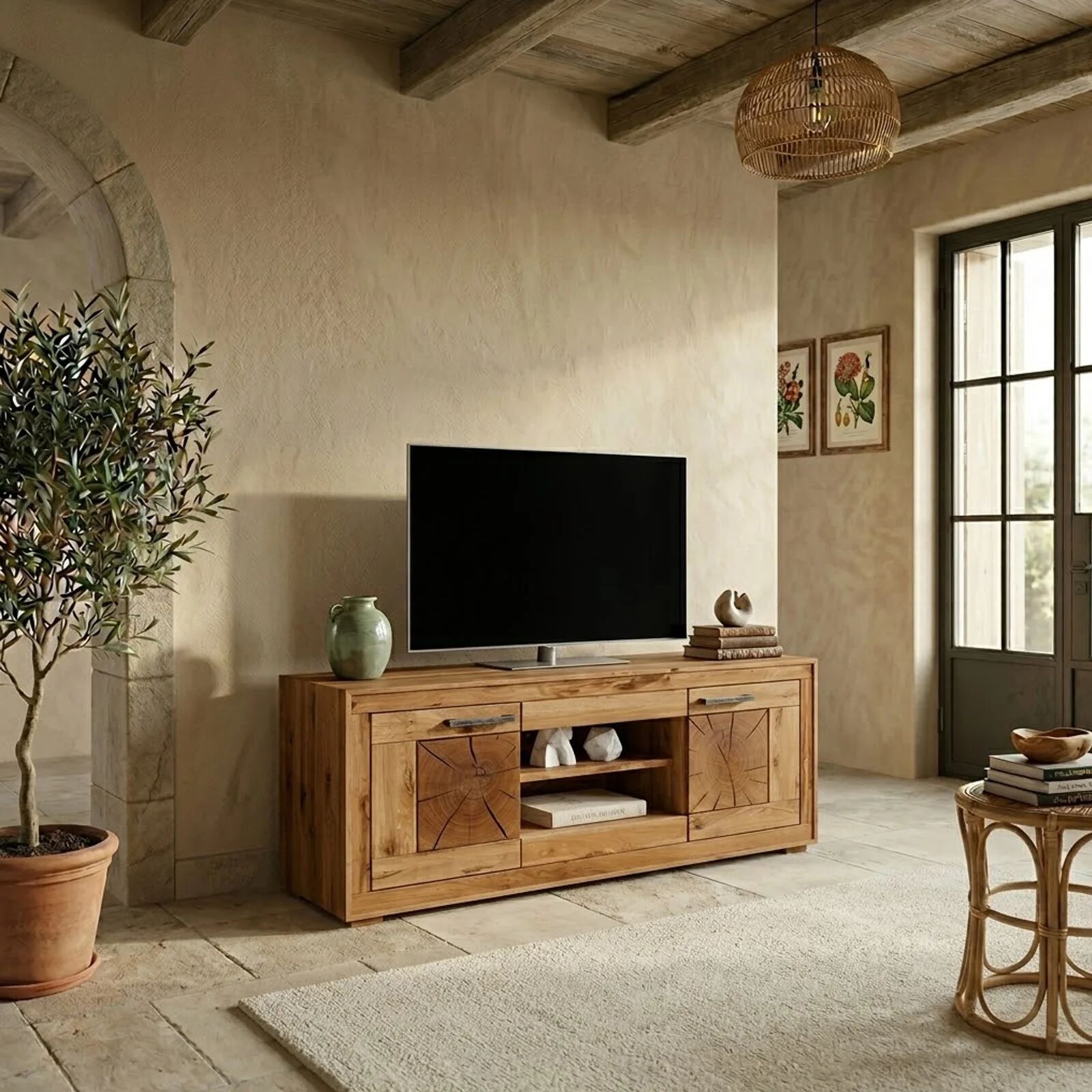 garneroarredamenti Mobile porta TV credenza 150x62h cm 2 ante 2 ripiani a vista legno massello rovere Ebania