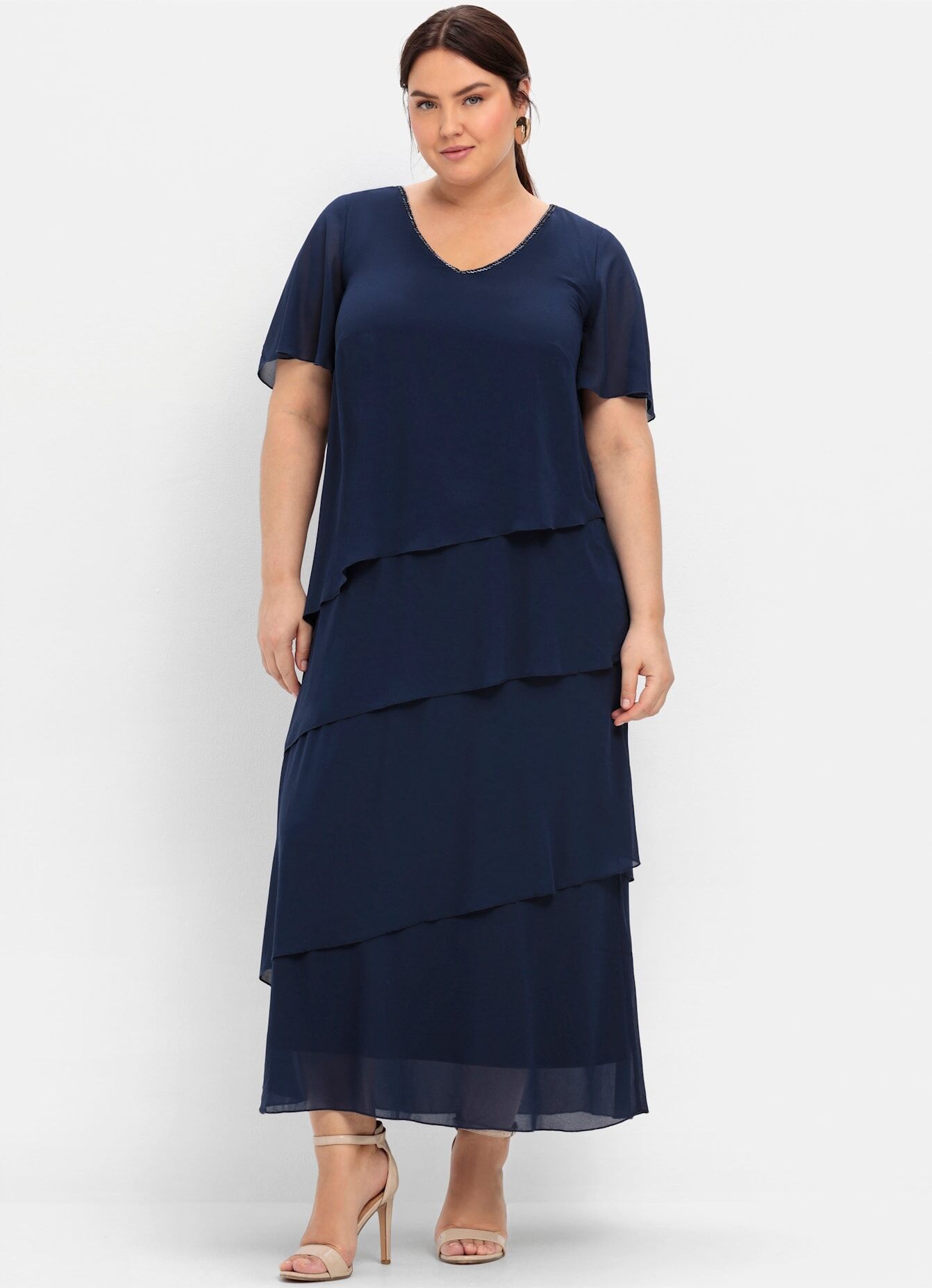 Cocktailkleid SHEEGO "Abendkleid", Damen, Gr. 54, Normalgrössen, Kurzarm, Chiffon, blau (marine), Chiffon, 100% Polyester, unifarben, lang, V-Ausschnitt, Kleider Cocktailkleid marine 54, Normalgrössen, Kurzarm, Chiffon