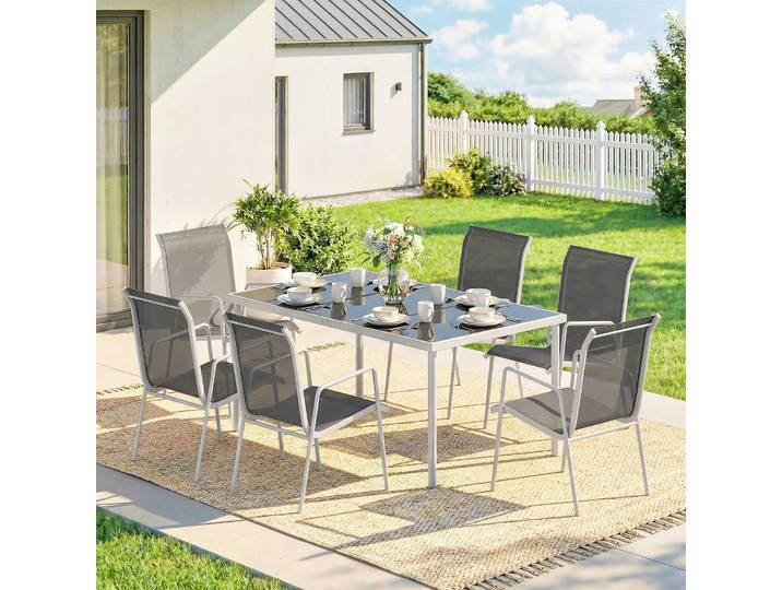 Outsunny Set Jardin 7 Pièces Table Rectangulaire + 6 Chaises Empilables