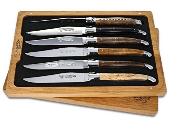 LAGUIOLE en Aubrac Sechs original Steakmesser aus Frankreich - Griff gemischte Hölzer Stahl glänzend mit Zertifikat, Braun