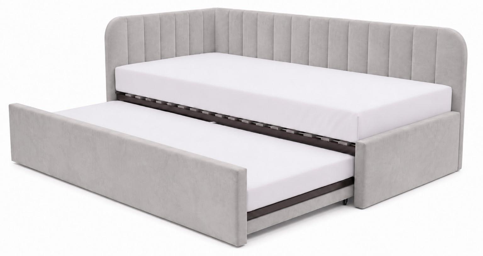 Kinderbett Alvin 02 90x200 - Jugendbett mit einer Schublade und zwei Liegeflächen - Einer Matratze T28-30 - Weich Riviera-Stoff - Grau, Links