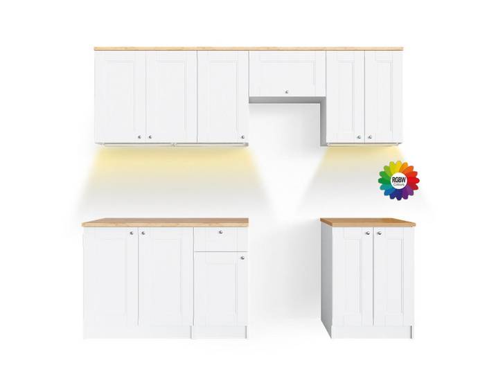 Vicco Küchenzeile Bergamo Weiß 240 cm, AP Goldkraft mit LED-Leisten, Weiß, Eichefarben, Küchenblock,Rechteckig, 240x81.6x60 cm, Küchen, Küchenzeilen & Küchenblöcke, Küchenzeilen, Küchenzeilen ohne Geräte