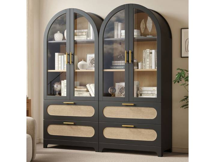 Vitrine bibliothèque arche Montmartre 175×80×40cm - 4 tiroirs - 6 étagères réglables - portes vitrées Noir