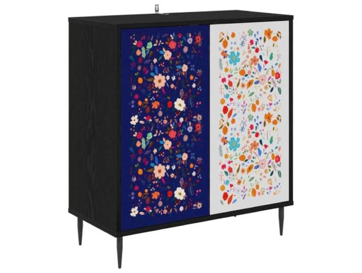 KGFHERENB Sideboard MAINZ Kommode Schwarz Eichen-Optik 69x33x76 cm Stilvoller Beistellschrank aus Holzwerkstoff mit Muster-Türen und erhöhten Füßen. Ideal für Wohnzimmer und Esszimmer.