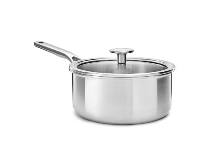 KitchenAid MultiPly 3PLY PFAS-freier Edelstahl-Kochtopf mit Glasdeckel, 20 cm/3,11 L, Dreifach, Multiclad, Induktion, Backofenfest bis 220°C, Spülmaschinenfest, Silber