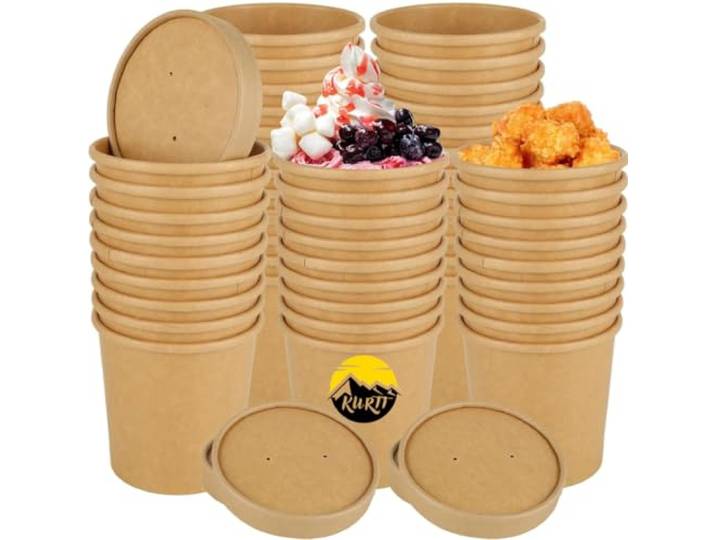 KURTT 500 Stück, 12oz/350ml Pappbecher mit Deckel - Multifunktionaler Einsatz für Eisbecher, Suppenbecher, Lebensmittelbecher - Kraftkarton Becher - Dressingbecher - Salatschale - Umweltfreundlicher